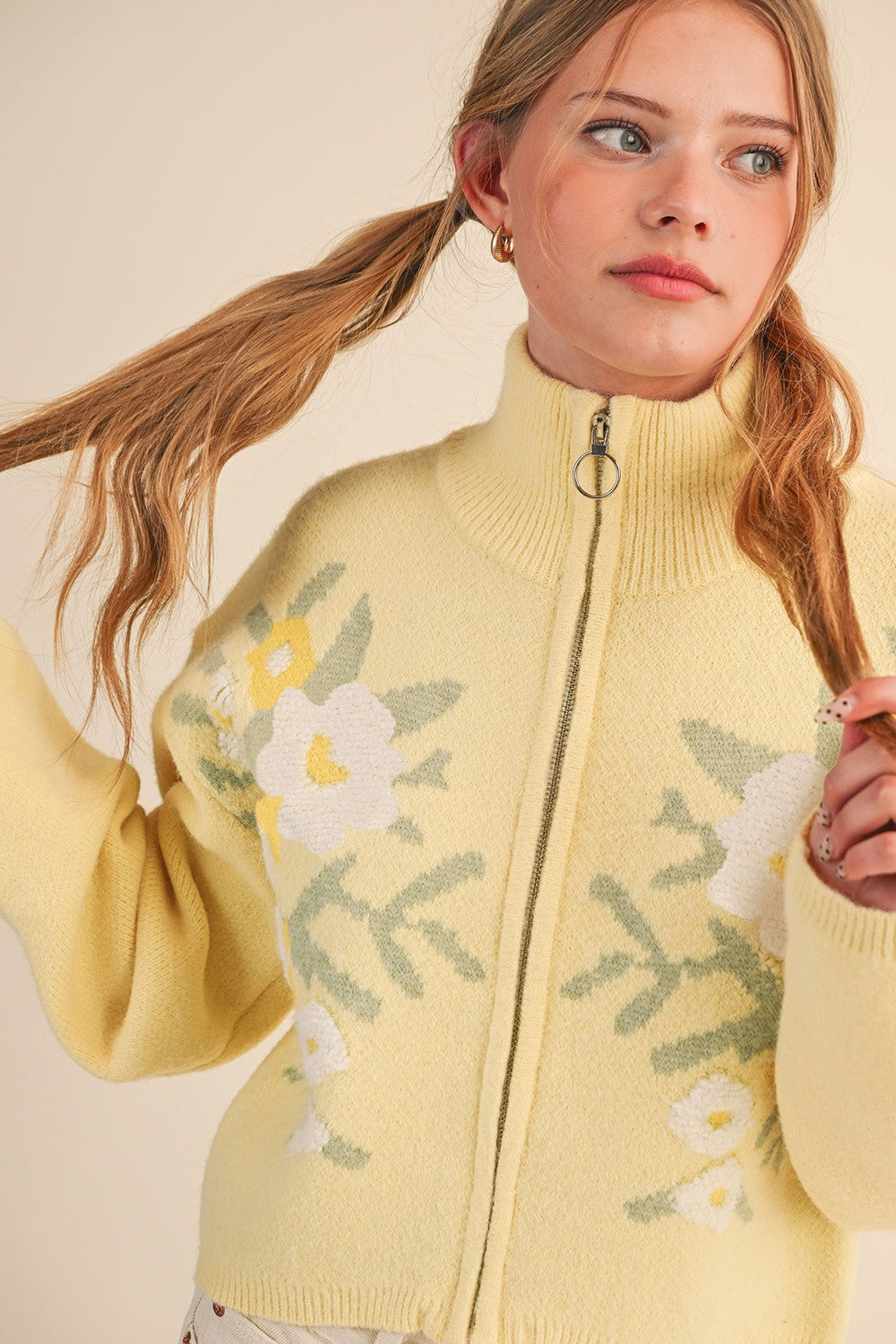 Botanical Zip Floral Knit Cardigan in Butter Flower - product photo 1