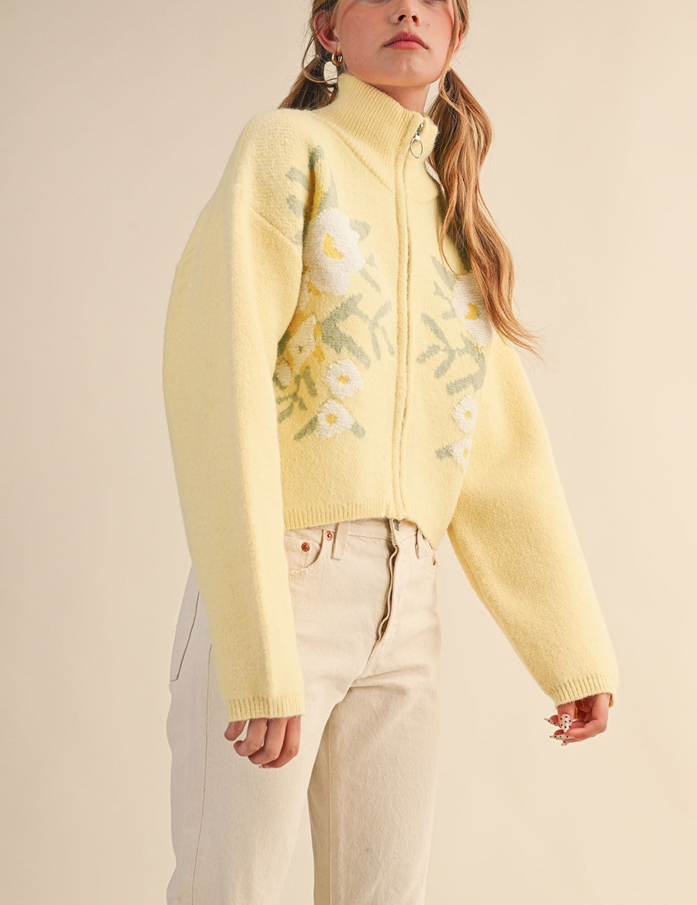Botanical Zip Floral Knit Cardigan in Butter Flower - product photo 3