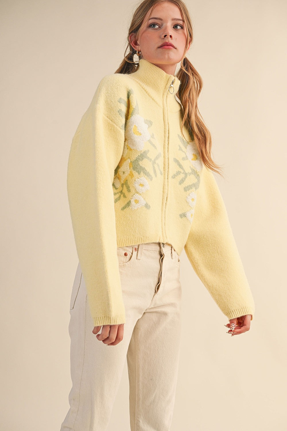Botanical Zip Floral Knit Cardigan in Butter Flower - product photo 3
