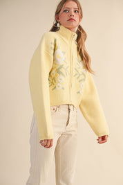 Botanical Zip Floral Knit Cardigan in Butter Flower - product photo 3