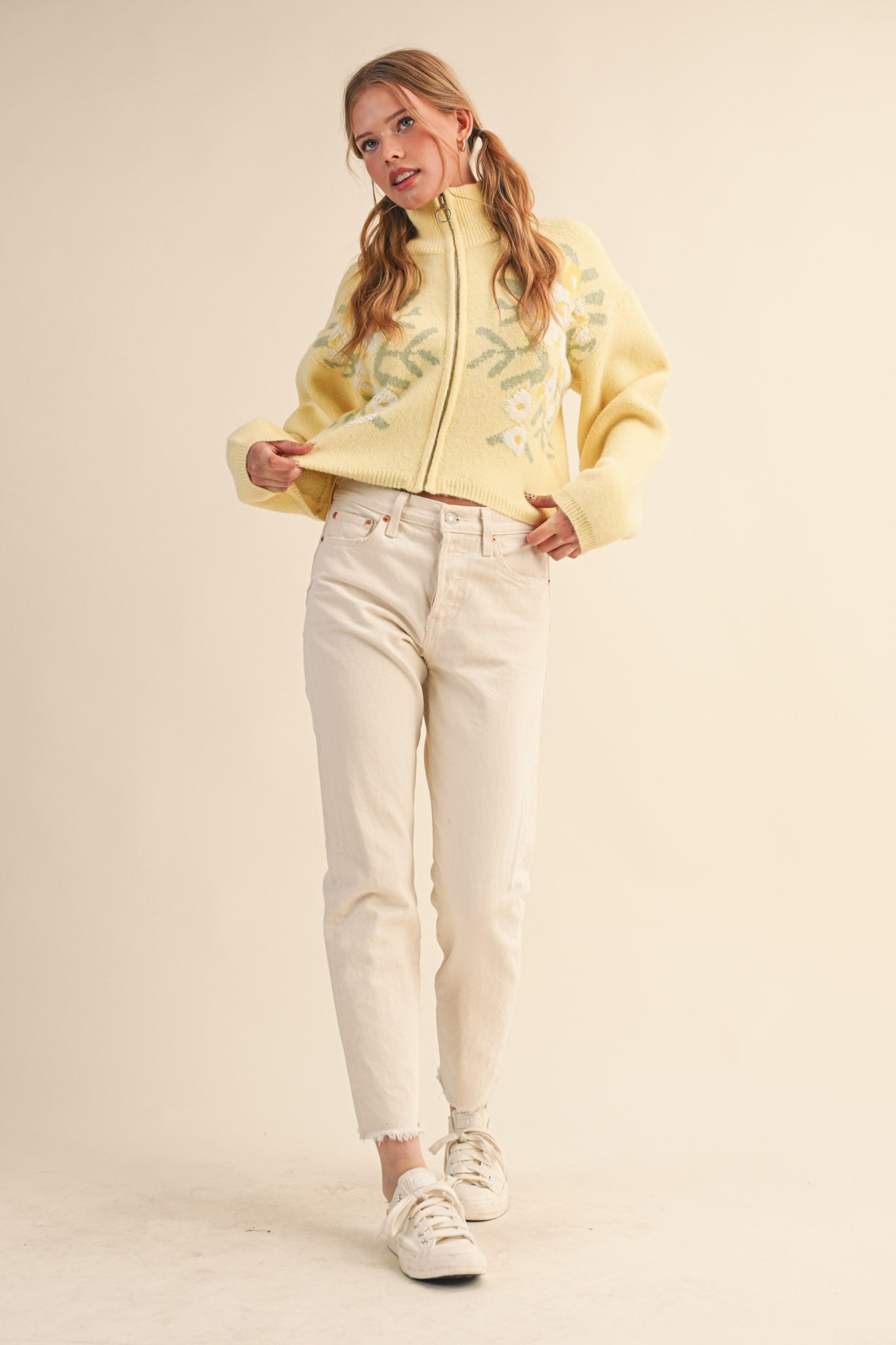 Botanical Zip Floral Knit Cardigan in Butter Flower - product photo 6
