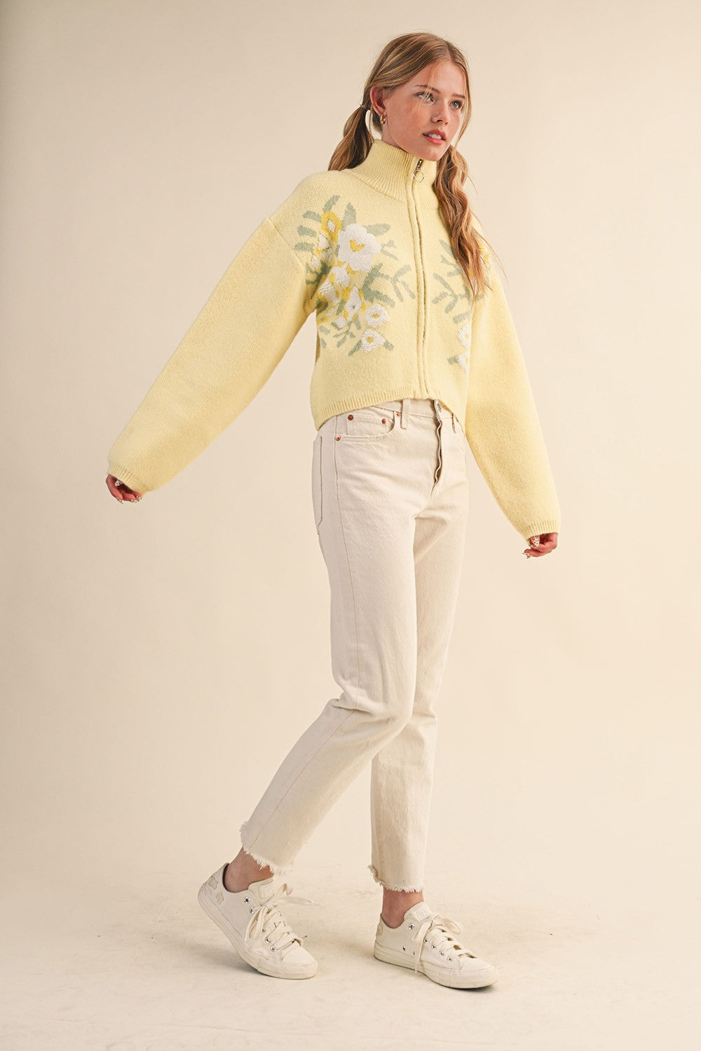 Botanical Zip Floral Knit Cardigan in Butter Flower - product photo 7