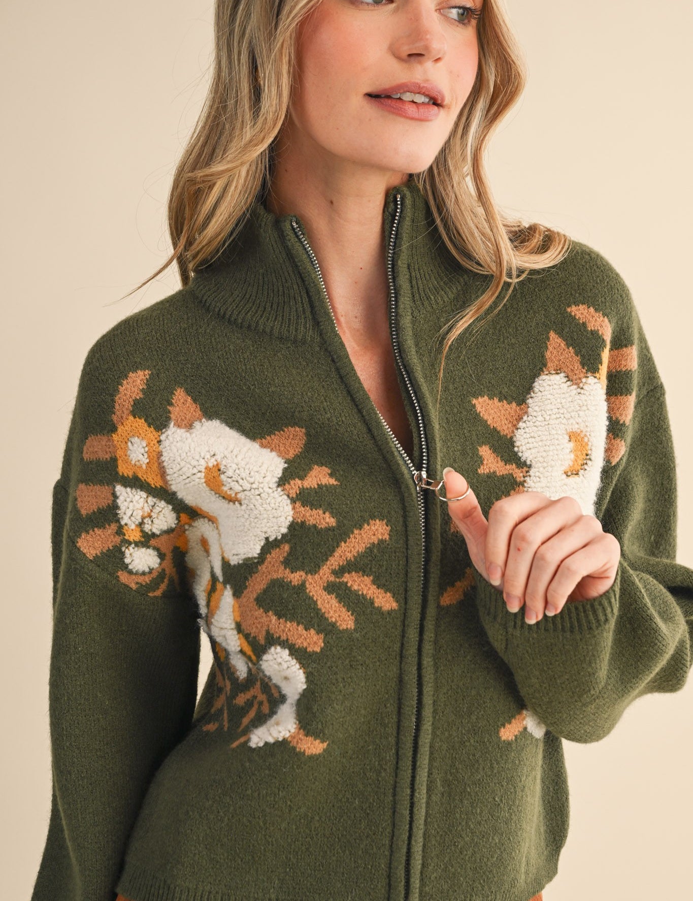 Botanical Zip Floral Knit Cardigan in Olive Flower - product photo 1
