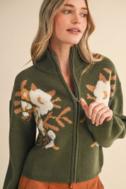 Botanical Zip Floral Knit Cardigan in Olive Flower - product photo 1