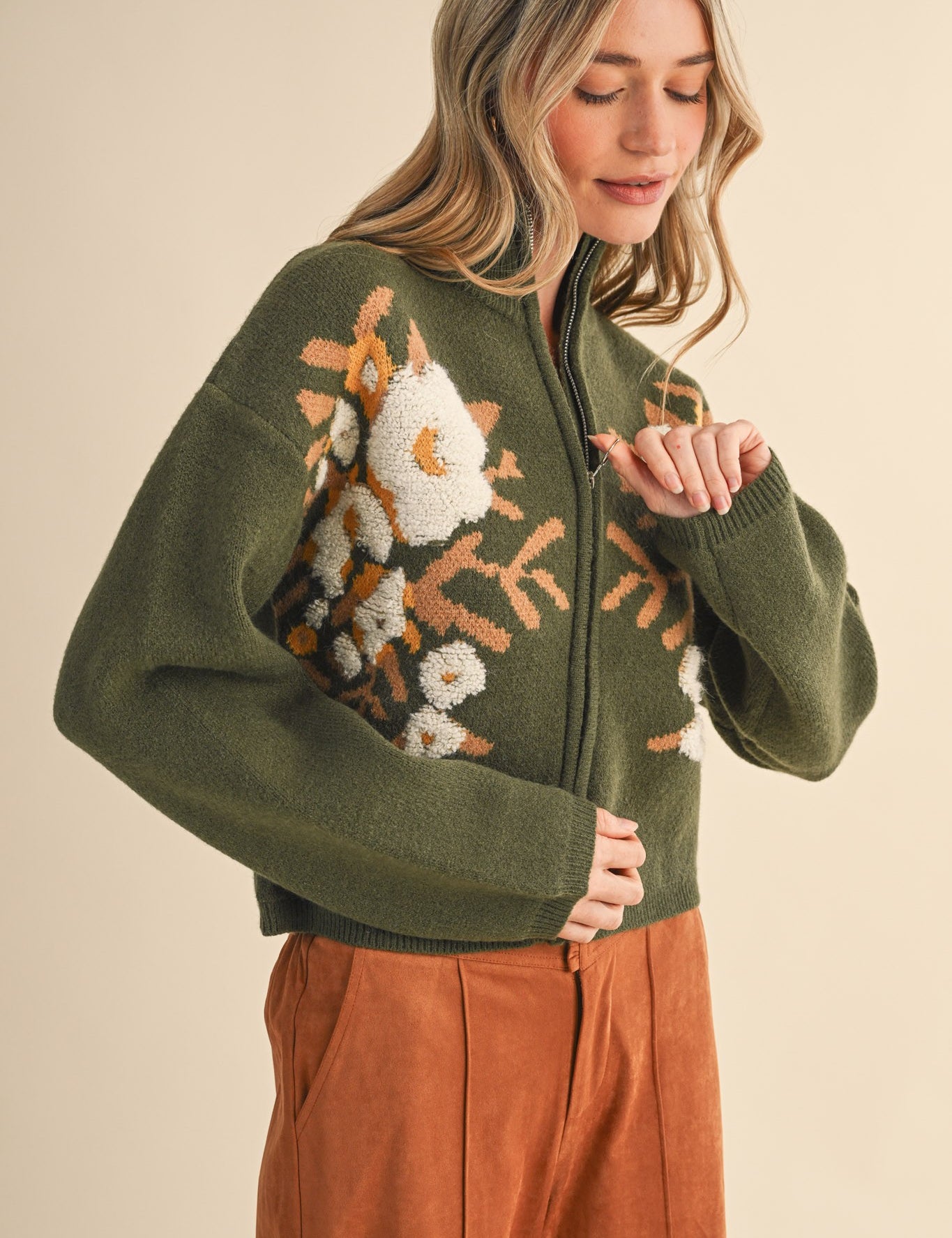 Botanical Zip Floral Knit Cardigan in Olive Flower - product photo 2