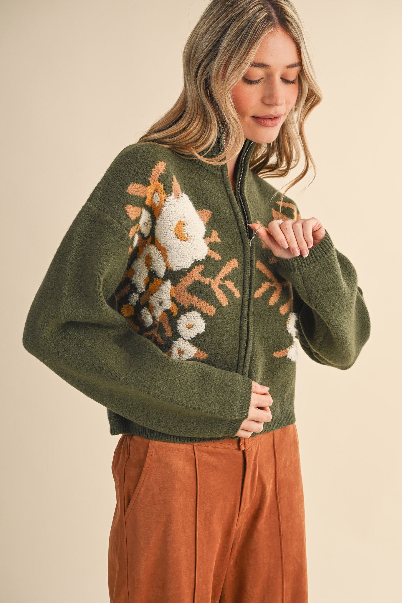 Botanical Zip Floral Knit Cardigan in Olive Flower - product photo 2
