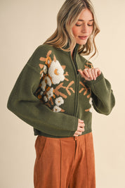 Botanical Zip Floral Knit Cardigan in Olive Flower - product photo 2