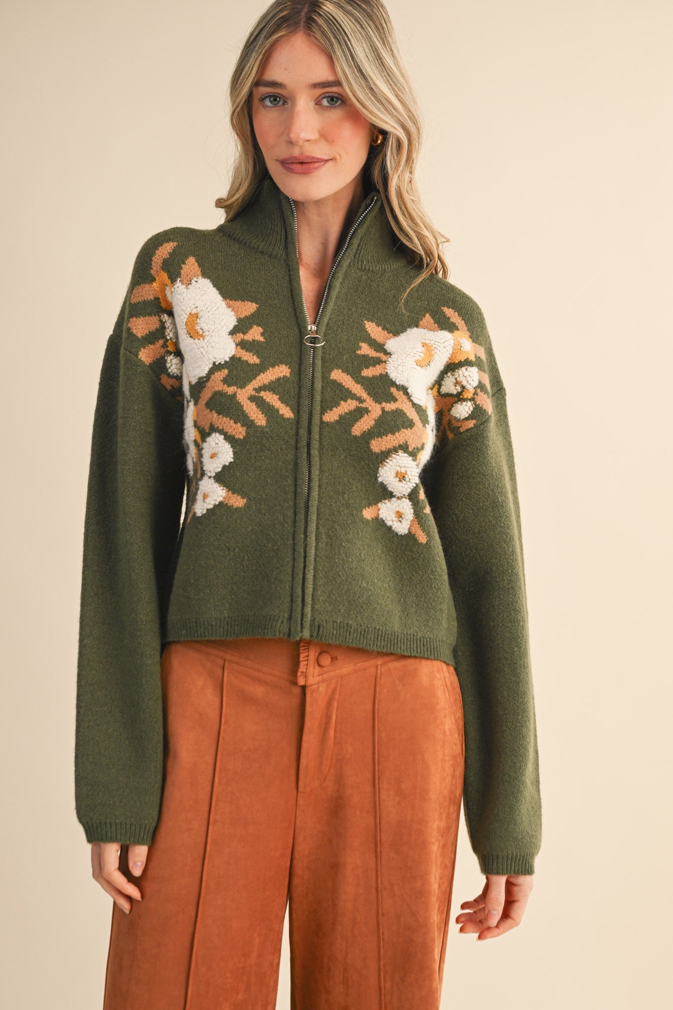Botanical Zip Floral Knit Cardigan in Olive Flower - product photo 3