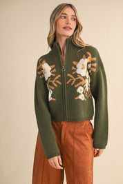 Botanical Zip Floral Knit Cardigan in Olive Flower - product photo 4
