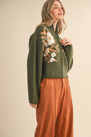 Botanical Zip Floral Knit Cardigan in Olive Flower - product photo 5