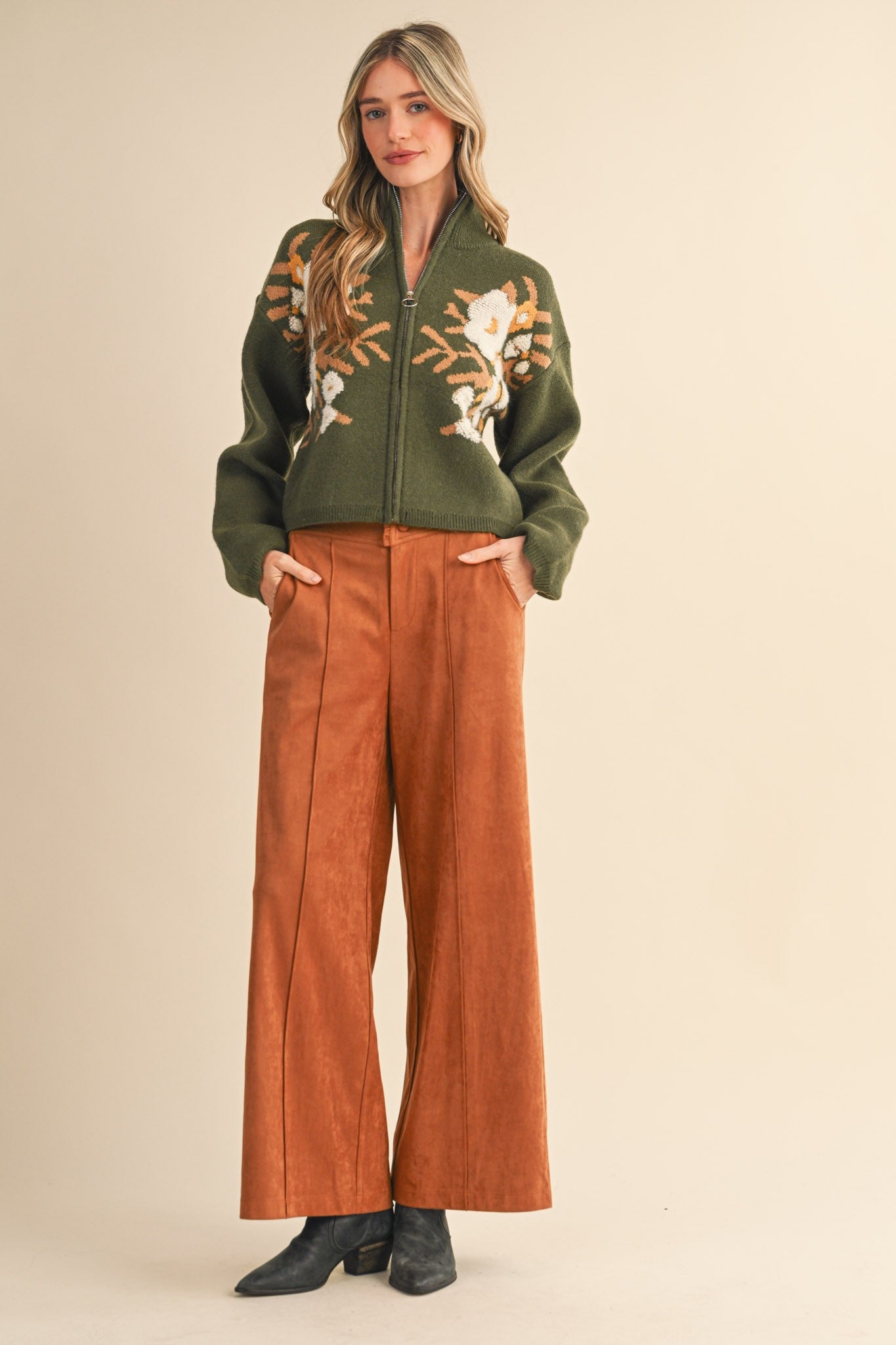 Botanical Zip Floral Knit Cardigan in Olive Flower - product photo 6
