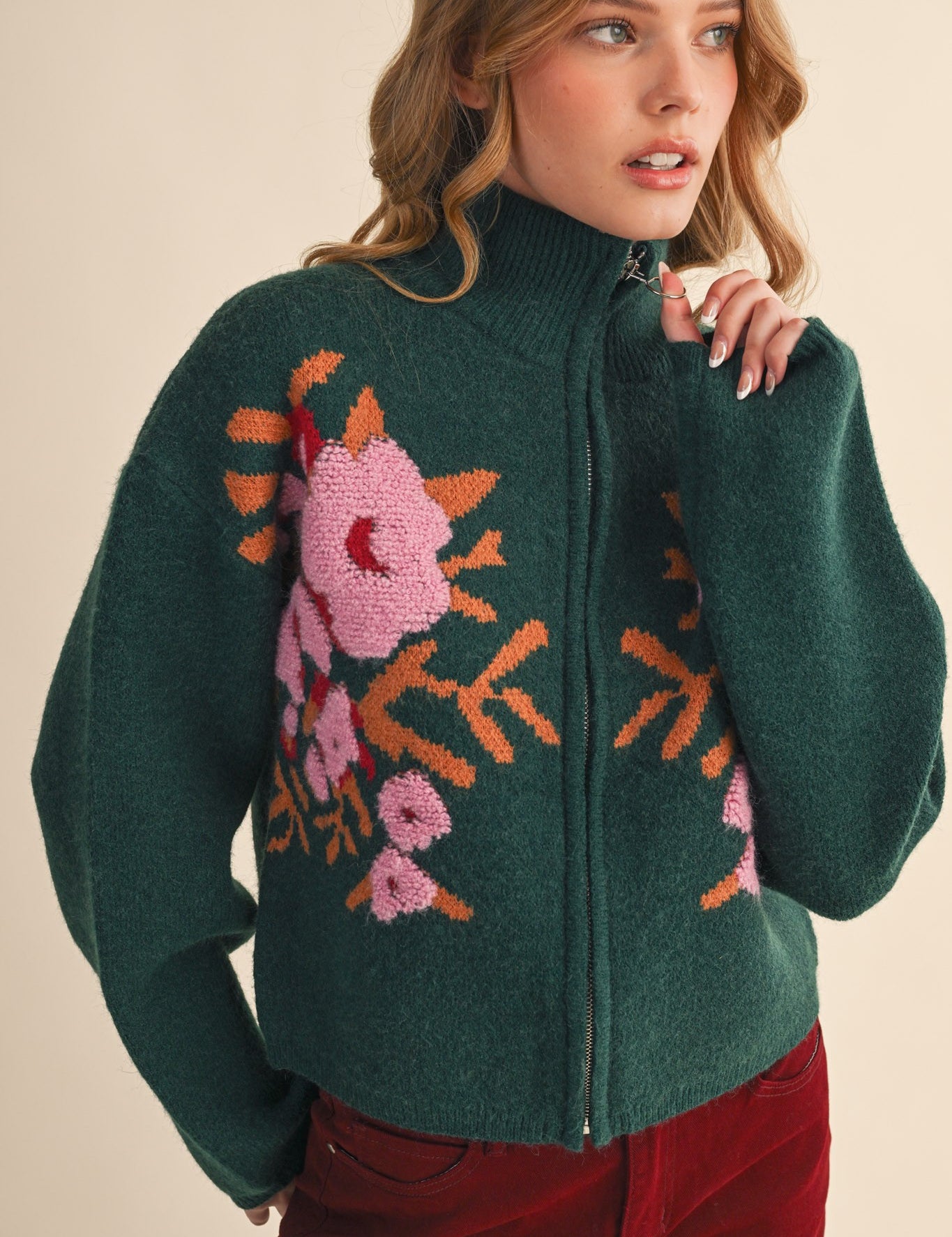 Botanical Zip Floral Knit Cardigan in Pine Green Flower - product photo 1