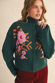 Botanical Zip Floral Knit Cardigan in Pine Green Flower - product photo 1