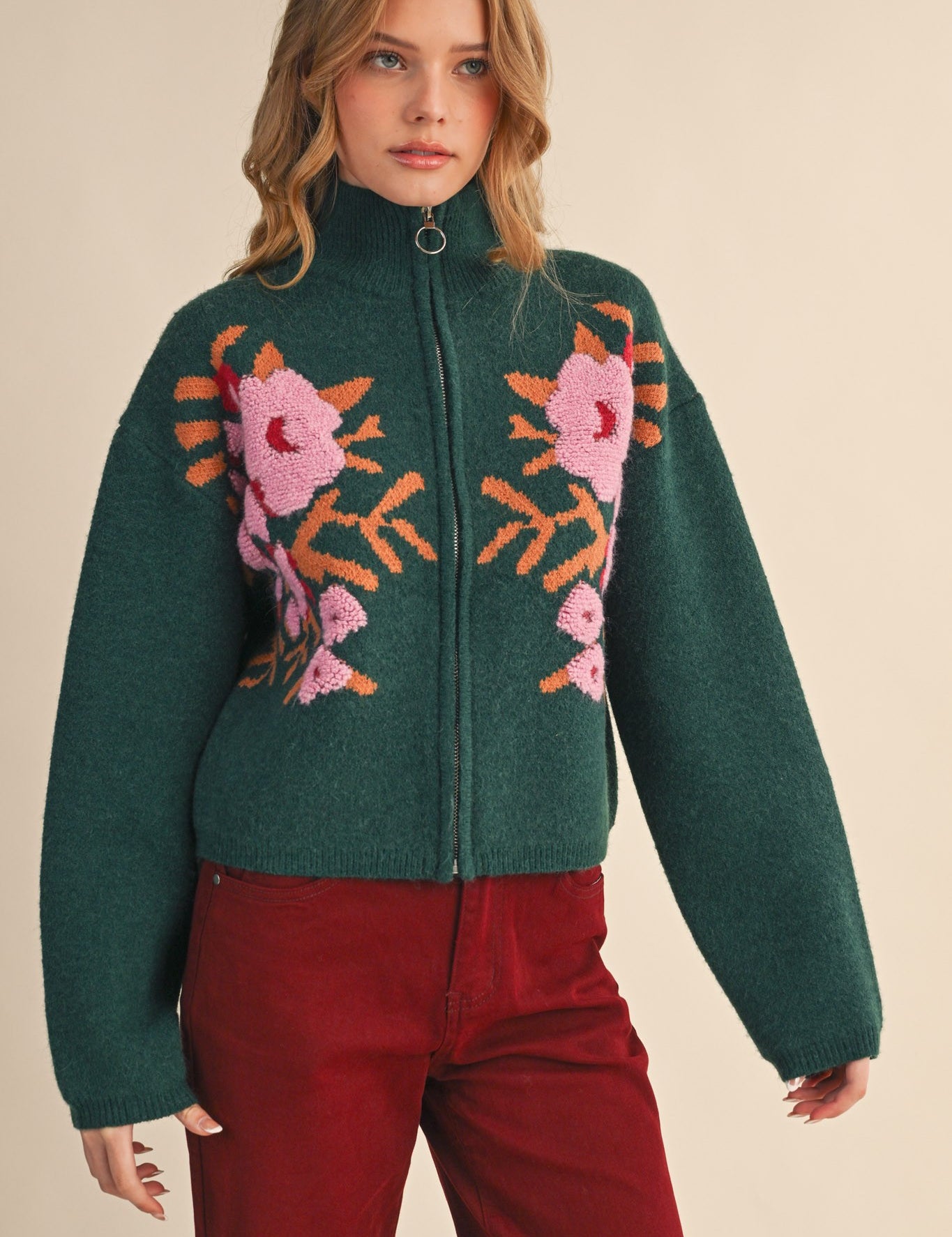 Botanical Zip Floral Knit Cardigan in Pine Green Flower - product photo 2
