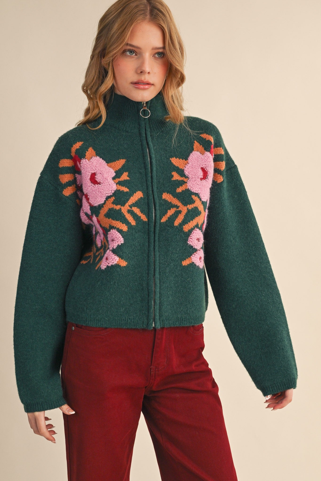 Botanical Zip Floral Knit Cardigan in Pine Green Flower - product photo 2