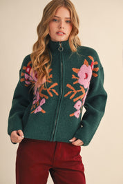 Botanical Zip Floral Knit Cardigan in Pine Green Flower - product photo 3