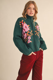 Botanical Zip Floral Knit Cardigan in Pine Green Flower - product photo 4