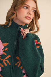 Botanical Zip Floral Knit Cardigan in Pine Green Flower - product photo 5