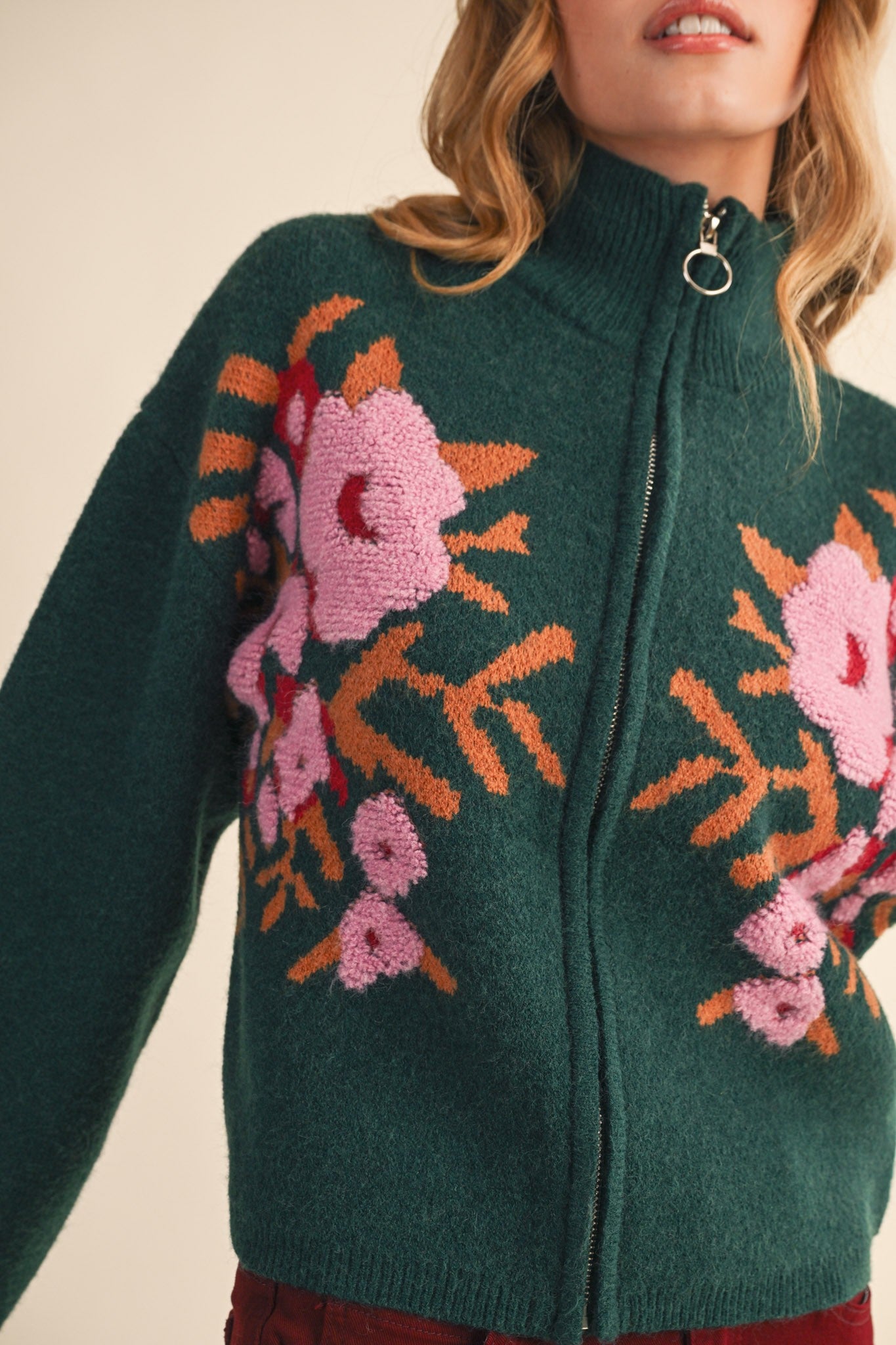Botanical Zip Floral Knit Cardigan in Pine Green Flower - product photo 6