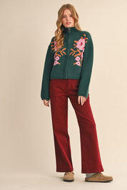 Botanical Zip Floral Knit Cardigan in Pine Green Flower - product photo 8