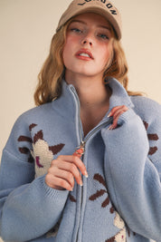 Botanical Zip Floral Knit Cardigan in Sky Blue Flower - product photo 1