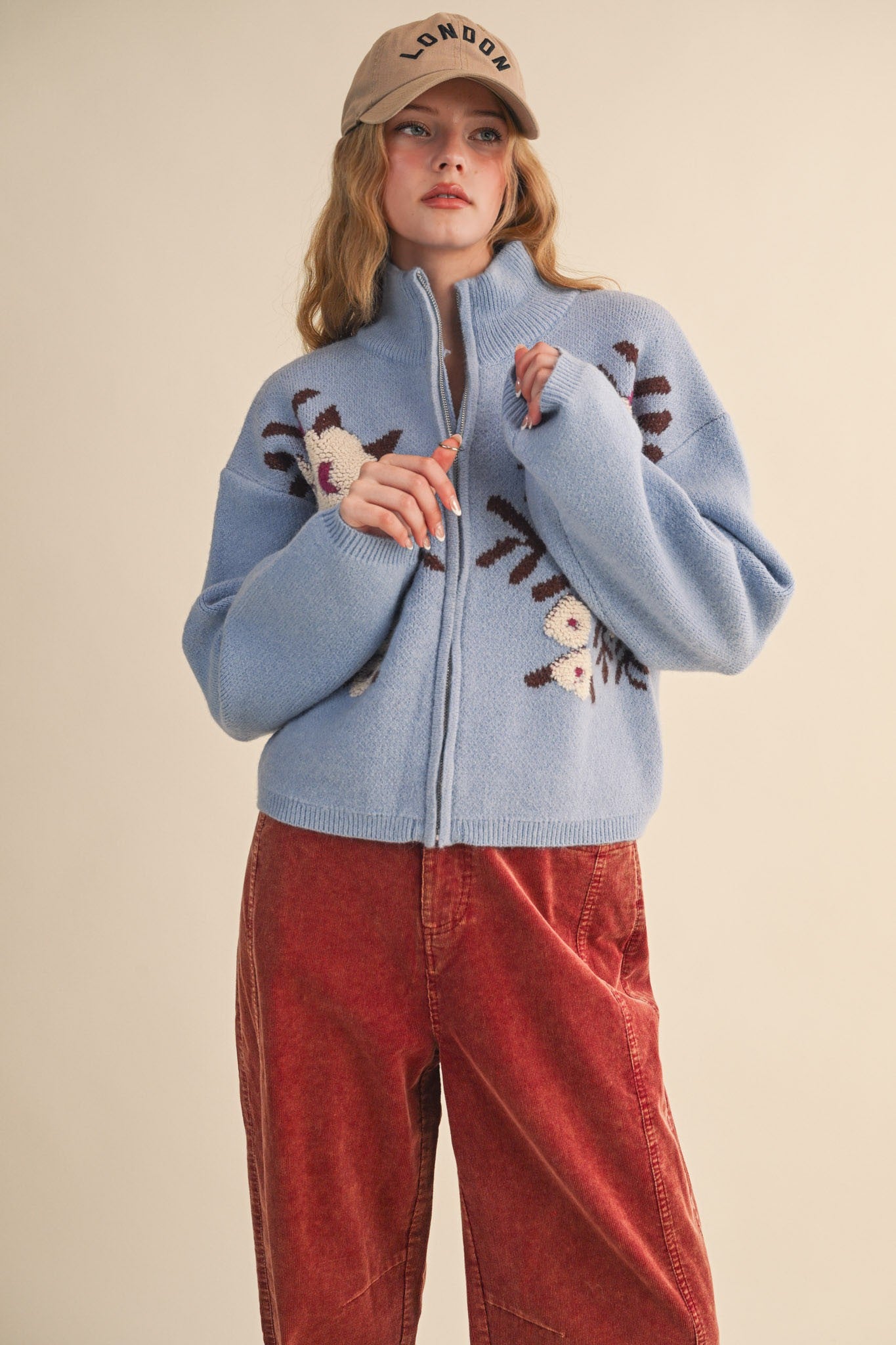 Botanical Zip Floral Knit Cardigan in Sky Blue Flower - product photo 2
