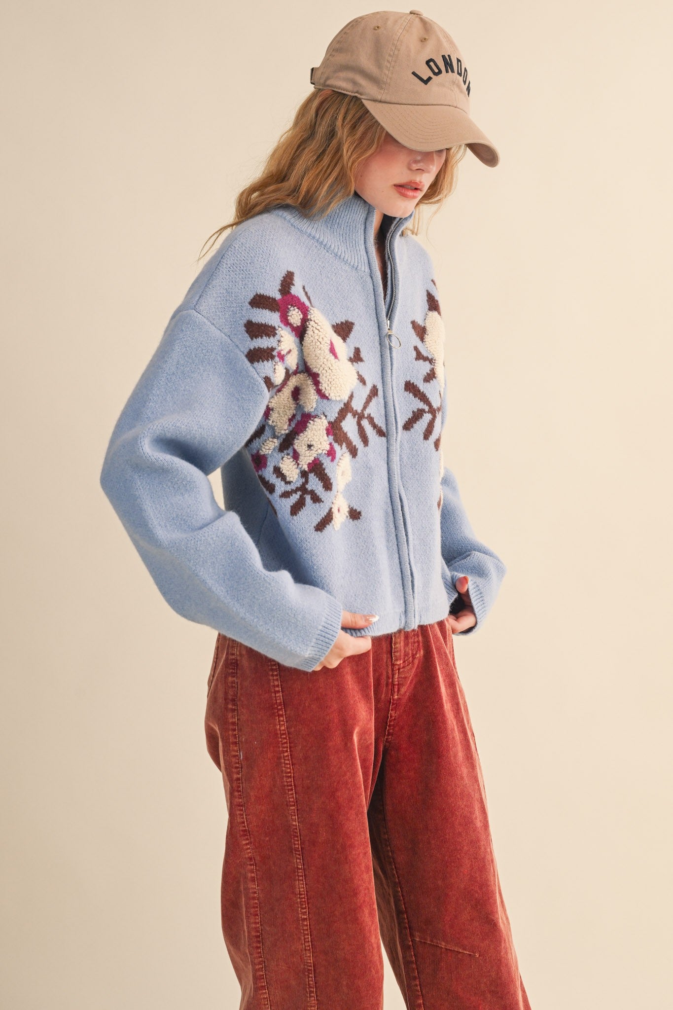 Botanical Zip Floral Knit Cardigan in Sky Blue Flower - product photo 3