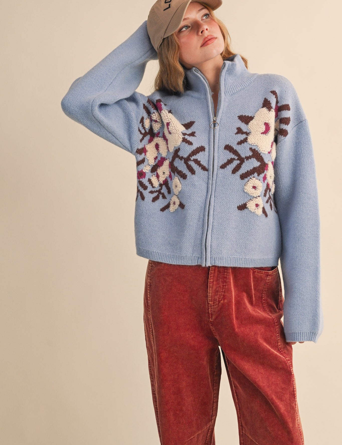 Botanical Zip Floral Knit Cardigan in Sky Blue Flower - product photo 4
