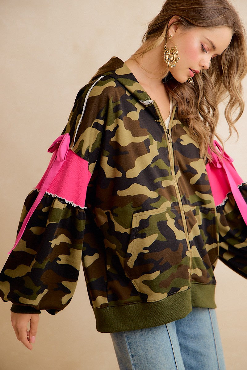 Bow and Arrow Camo Ribbon Zip Hoodie in Camo Pink, photo 1