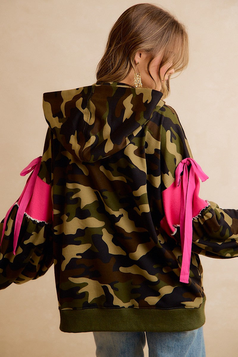 Bow and Arrow Camo Ribbon Zip Hoodie in Camo Pink, photo 4