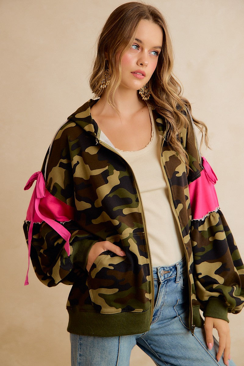Bow and Arrow Camo Ribbon Zip Hoodie in Camo Pink, photo 7