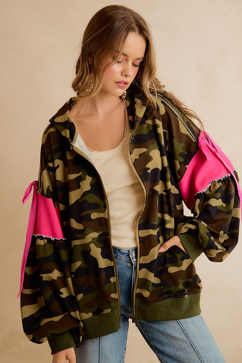 Bow and Arrow Camo Ribbon Zip Hoodie in Camo Pink, photo 8