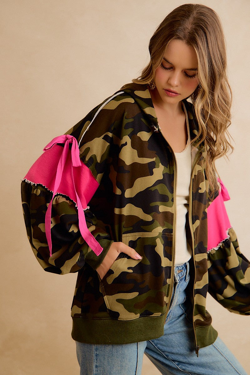 Bow and Arrow Camo Ribbon Zip Hoodie in Camo Pink, photo 12