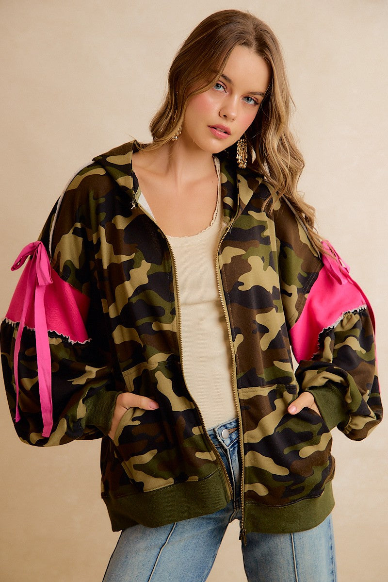 Bow and Arrow Camo Ribbon Zip Hoodie in Camo Pink, photo 18