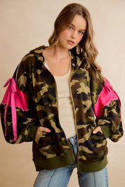 Bow and Arrow Camo Ribbon Zip Hoodie in Camo Pink, photo 18