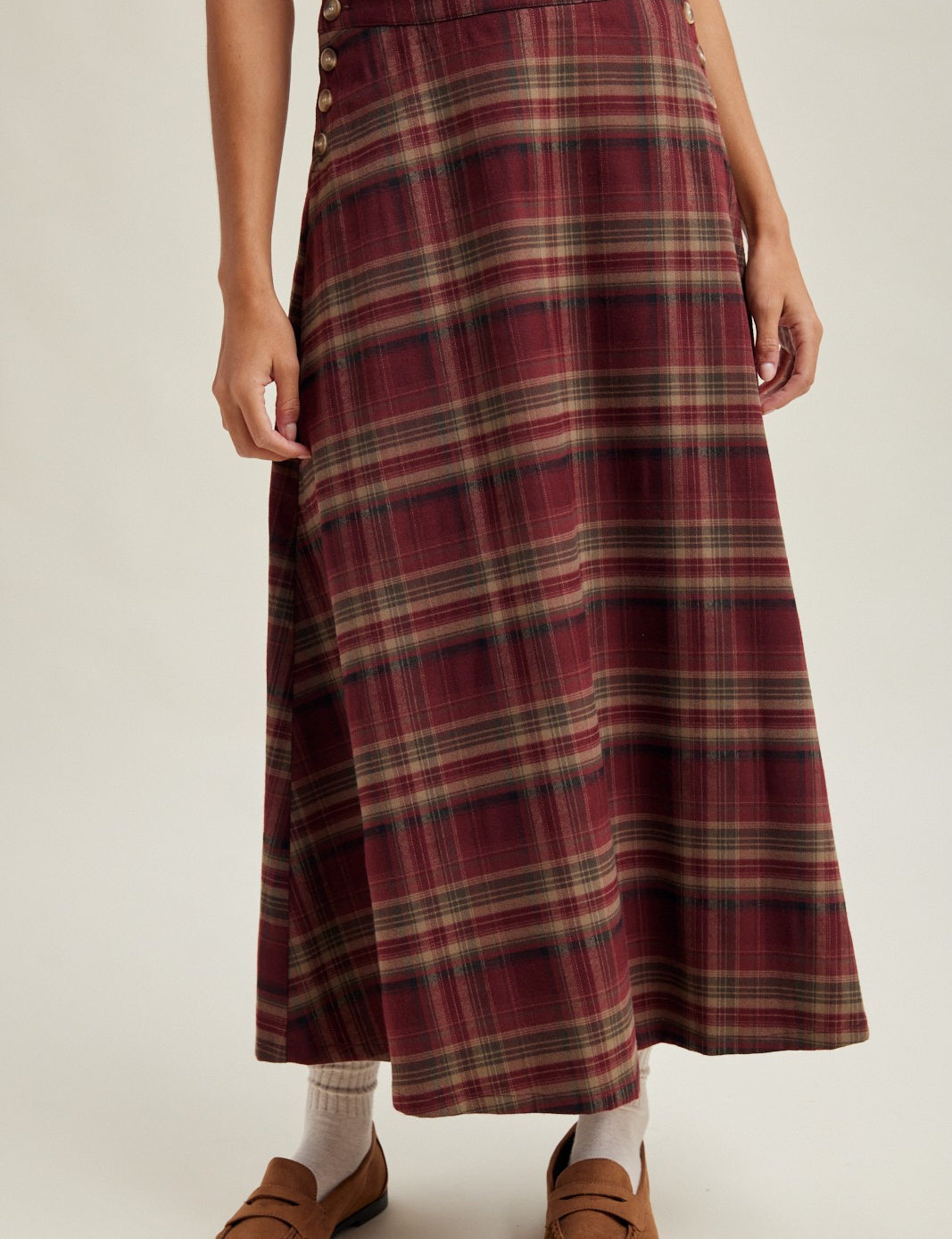 Bramble Button-Side Plaid Midi Skirt - Wine Multi