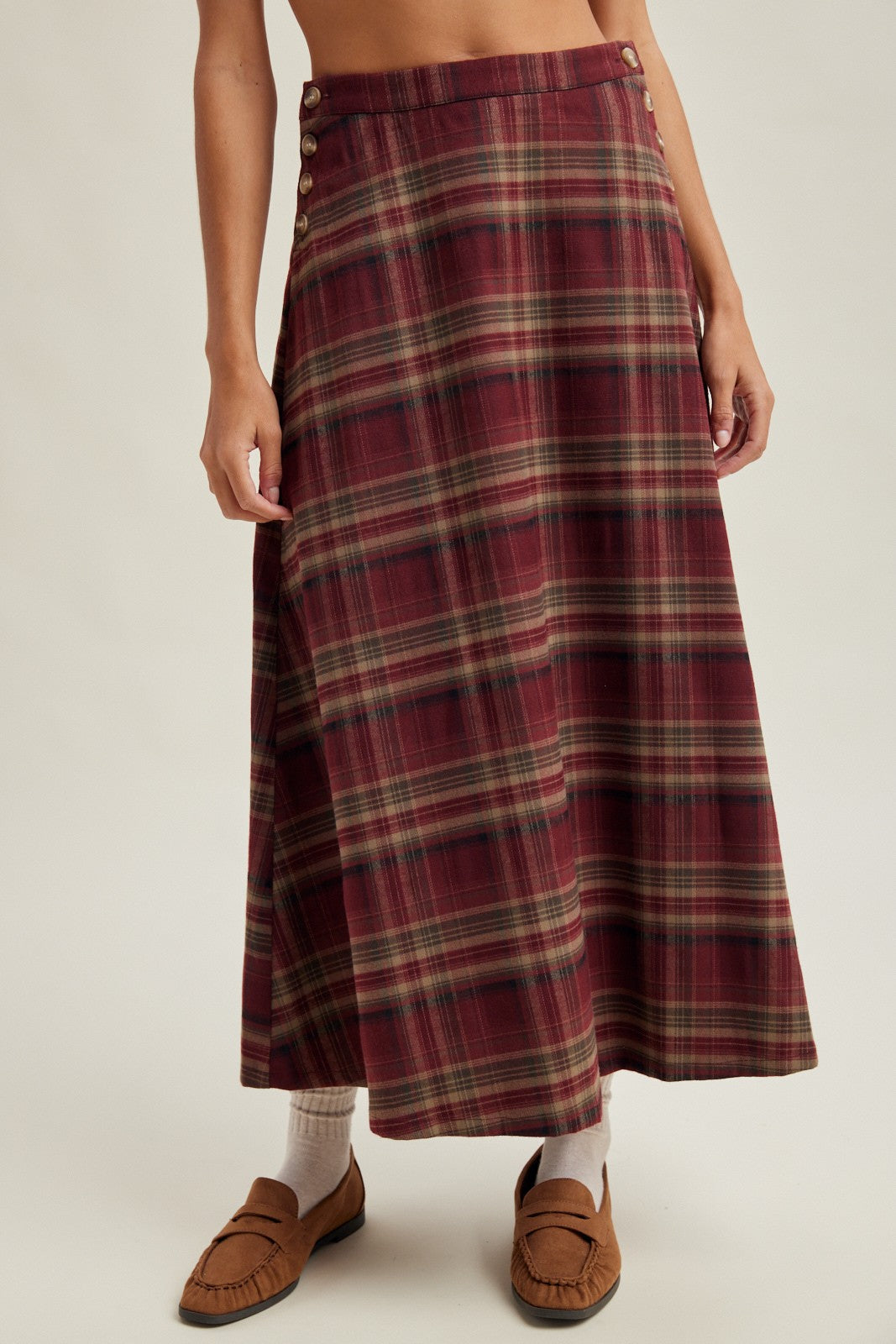 Bramble Button-Side Plaid Midi Skirt - Wine Multi