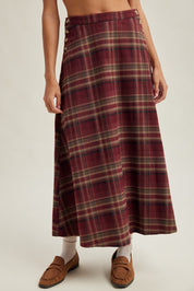 Bramble Button-Side Plaid Midi Skirt - Wine Multi