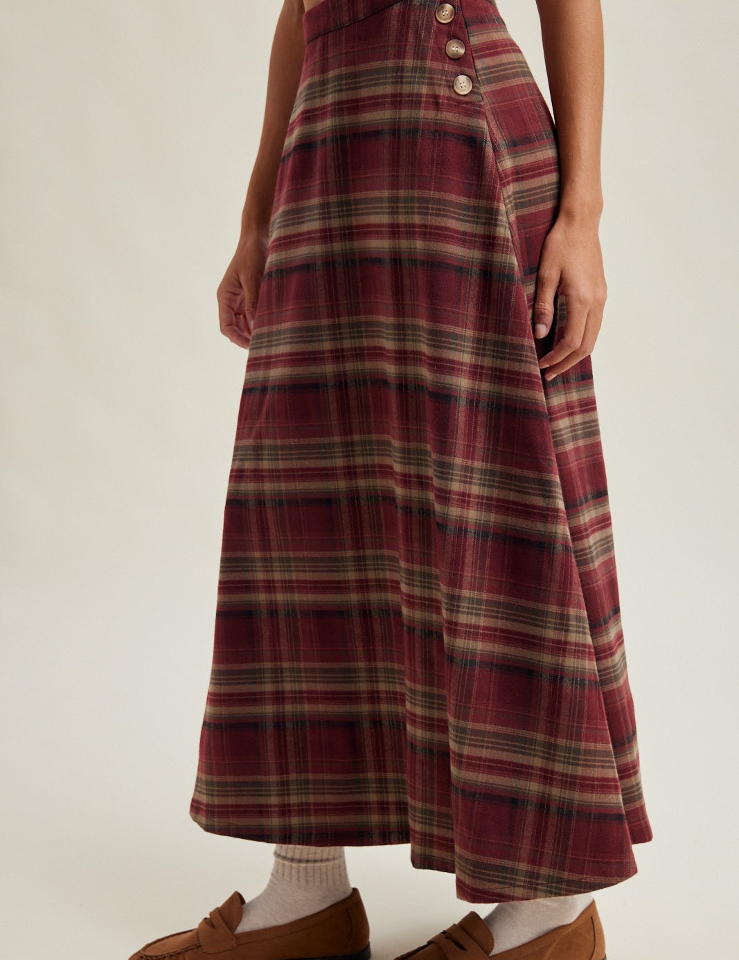 Bramble Button-Side Plaid Midi Skirt - Wine Multi