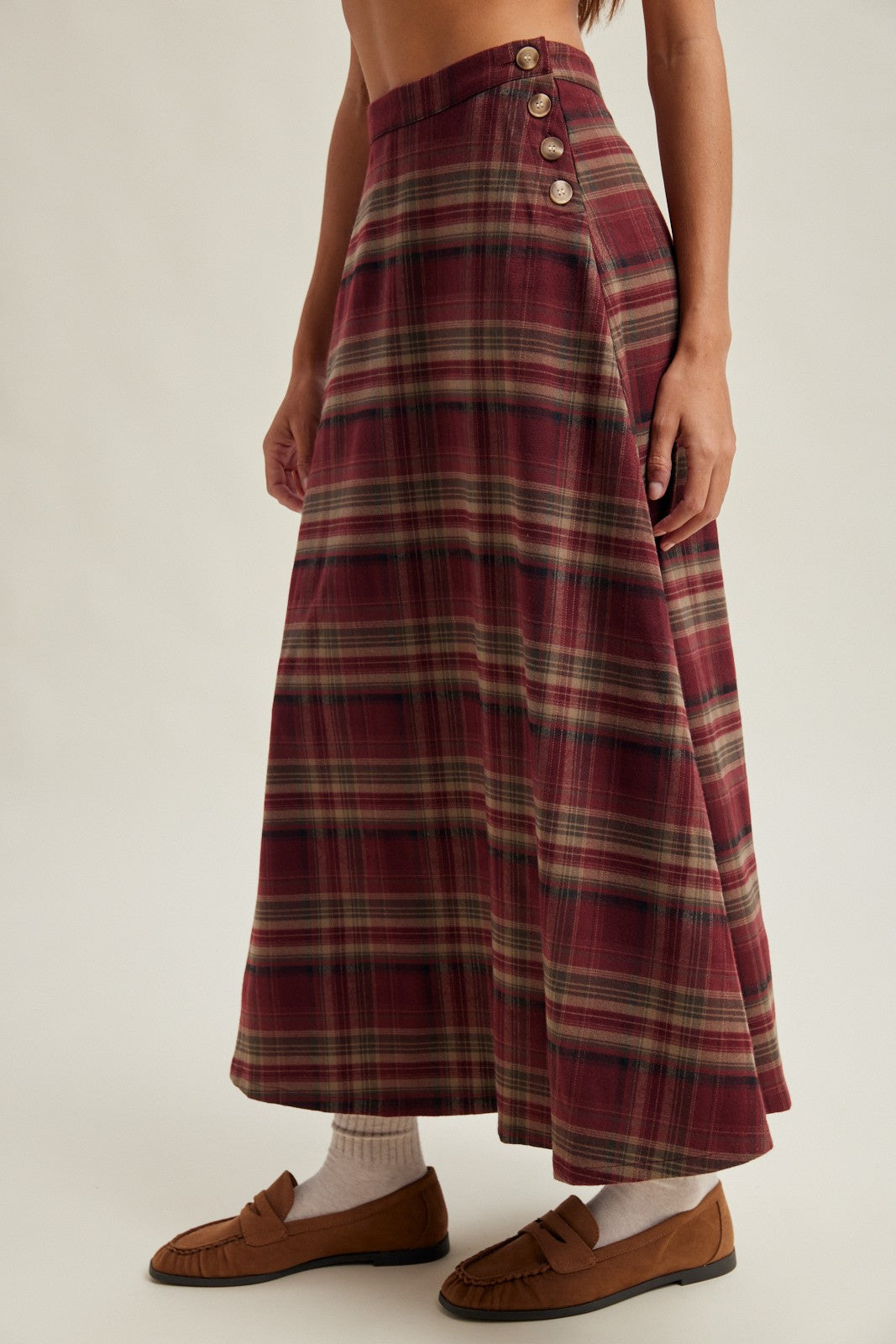 Bramble Button-Side Plaid Midi Skirt - Wine Multi