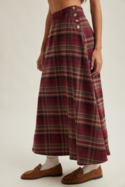 Bramble Button-Side Plaid Midi Skirt - Wine Multi