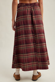 Bramble Button-Side Plaid Midi Skirt - Wine Multi