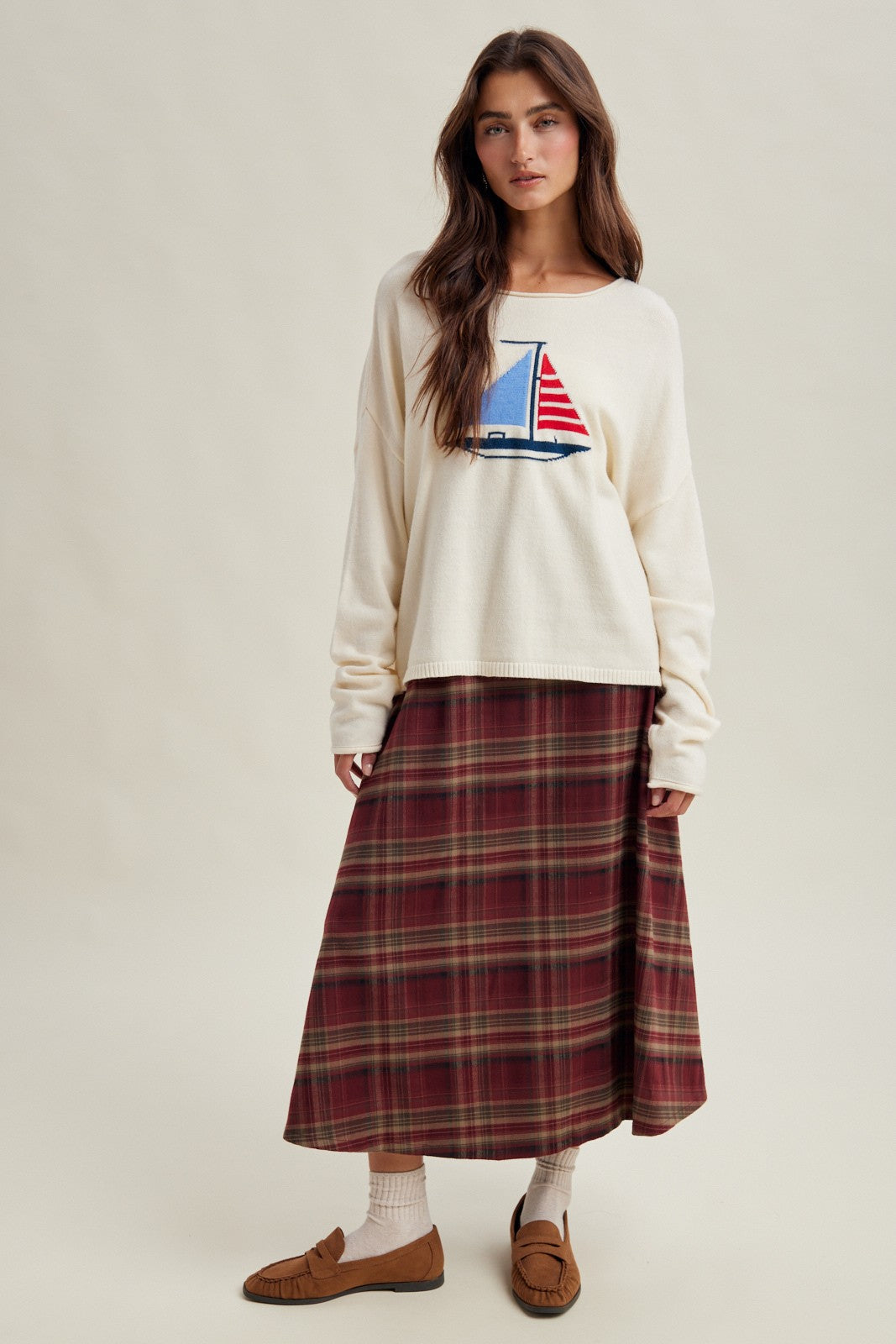 Bramble Button-Side Plaid Midi Skirt - Wine Multi