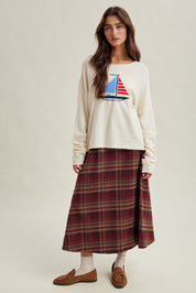 Bramble Button-Side Plaid Midi Skirt - Wine Multi