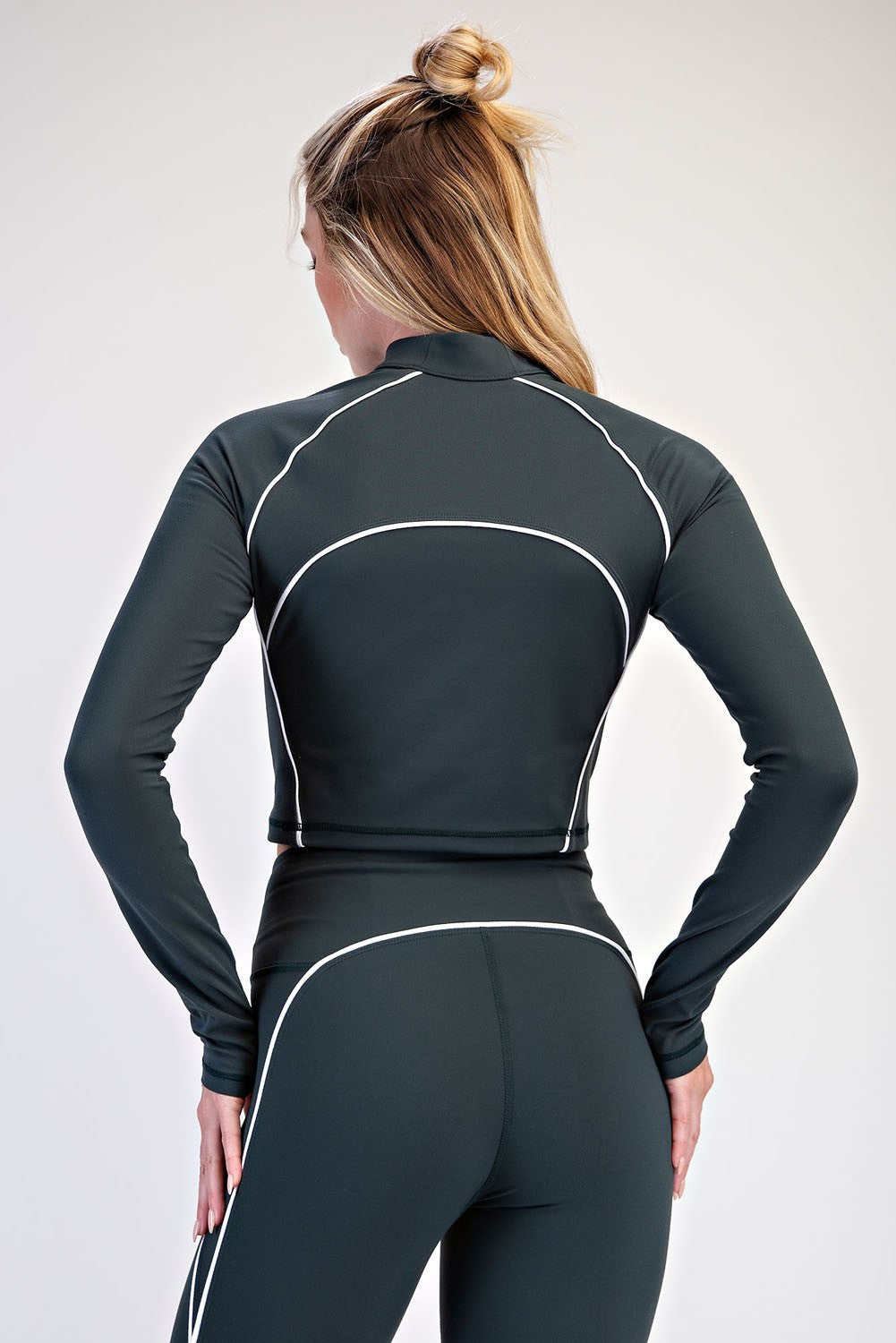 Break Point Piped Quarter-Zip Crop Top in Regency Green White, photo 2