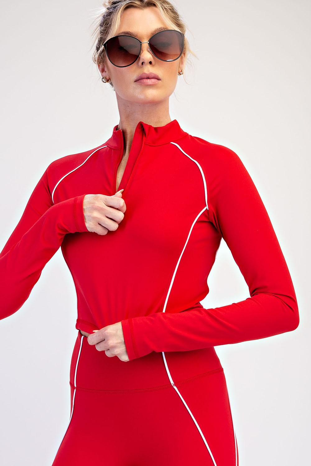 Break Point Piped Quarter-Zip Crop Top in True Red White, photo 1