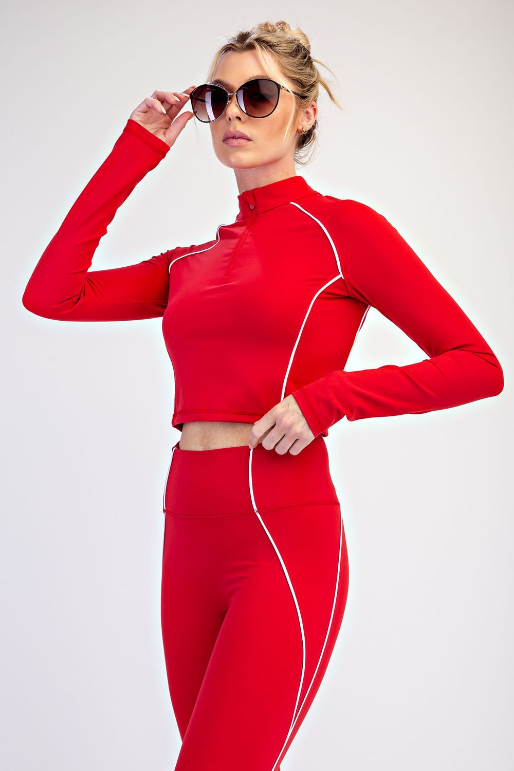 Break Point Piped Quarter-Zip Crop Top in True Red White, photo 2