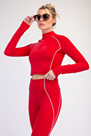 Break Point Piped Quarter-Zip Crop Top in True Red White, photo 2