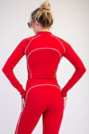 Break Point Piped Quarter-Zip Crop Top in True Red White, photo 3