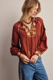 Briarwood Embroidered Tassel Tie Blouse - Westly